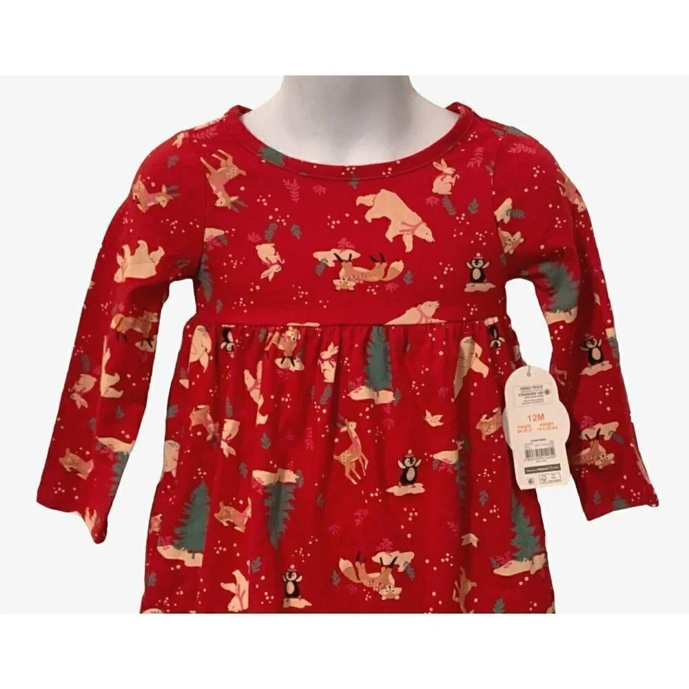 Wonder Nation Girls Winter Animals Knit Dress Size 12M Red Pockets